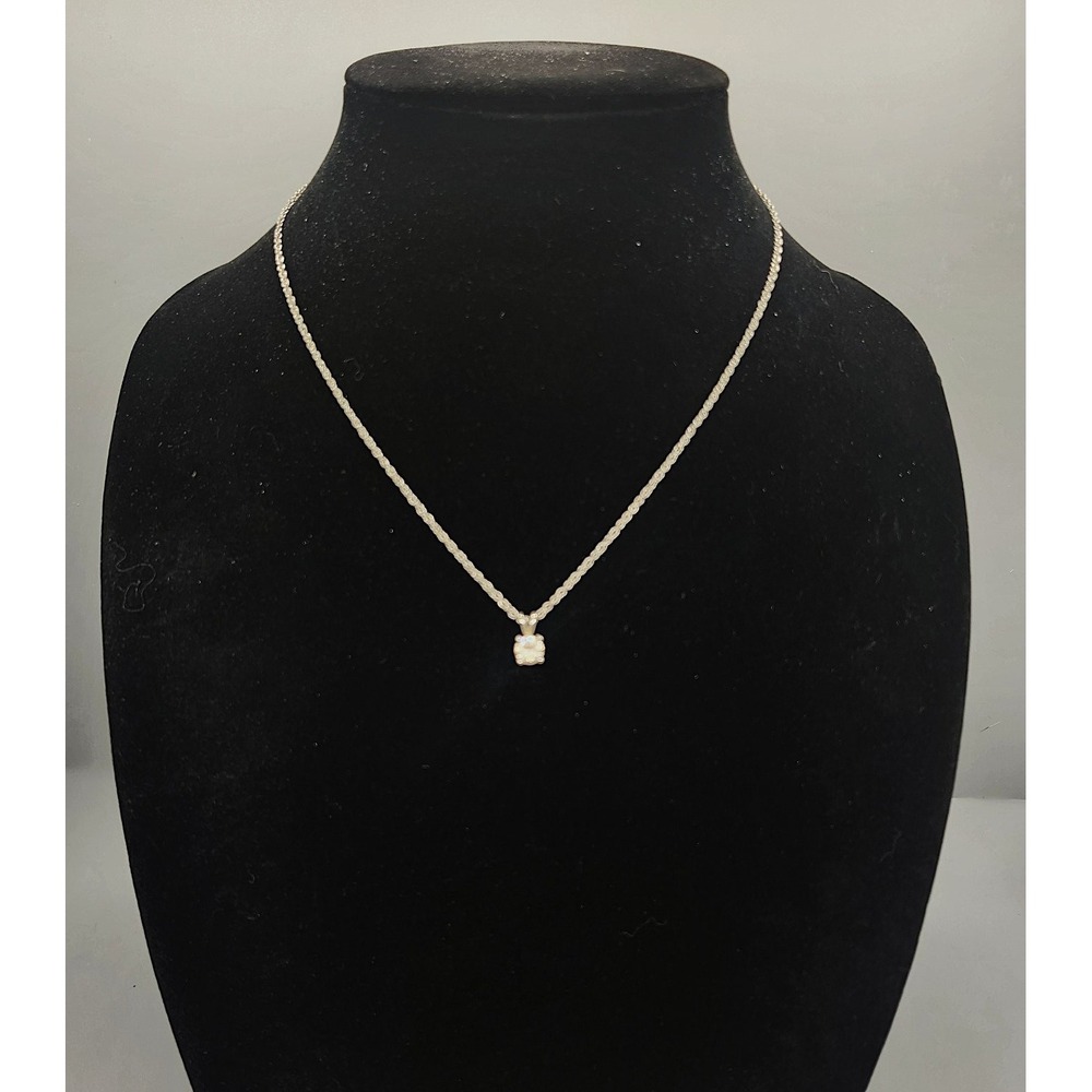 Solitaire Pendant Necklace Rope Chain Rhinestone Silver Tone Dainty Elegant